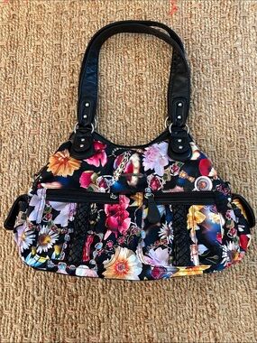 Angel Barcelo Floral Multicolor Shoulder Bag with Black Handles & Long Strap